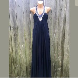 Hoaglund Flowy Silk Evening Gown Formal Halter Neck Size 2 Navy Blue NWOT